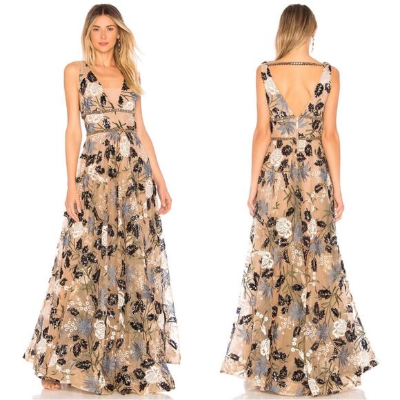 Bronx and Banco Dresses & Skirts - Bronx and Banco Tan Floral Maxi Dress with Black & White Embroidery